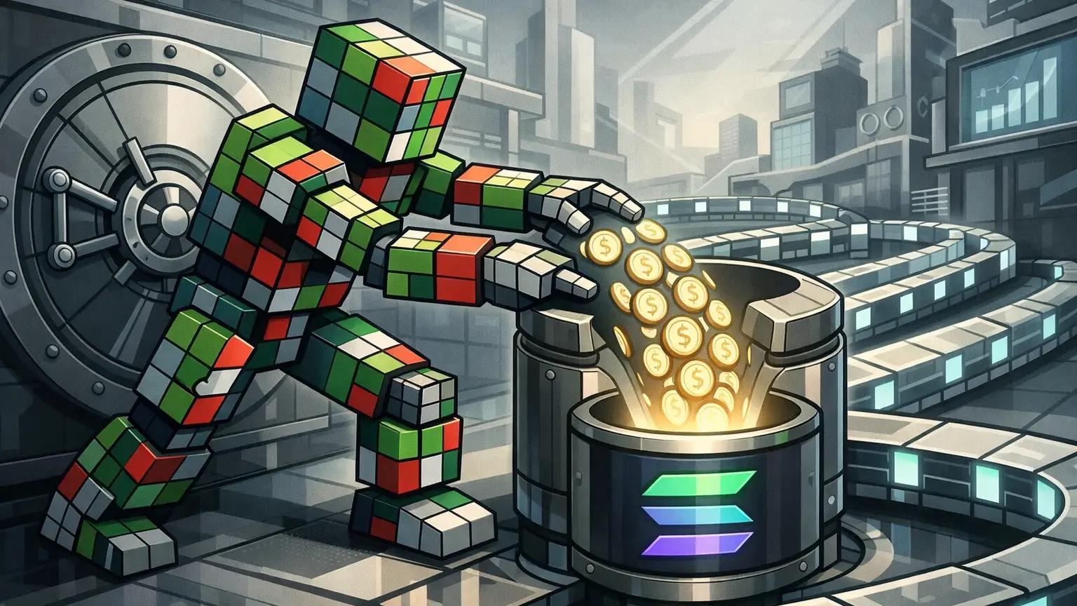 Robot transferring stablecoins in futuristic setting