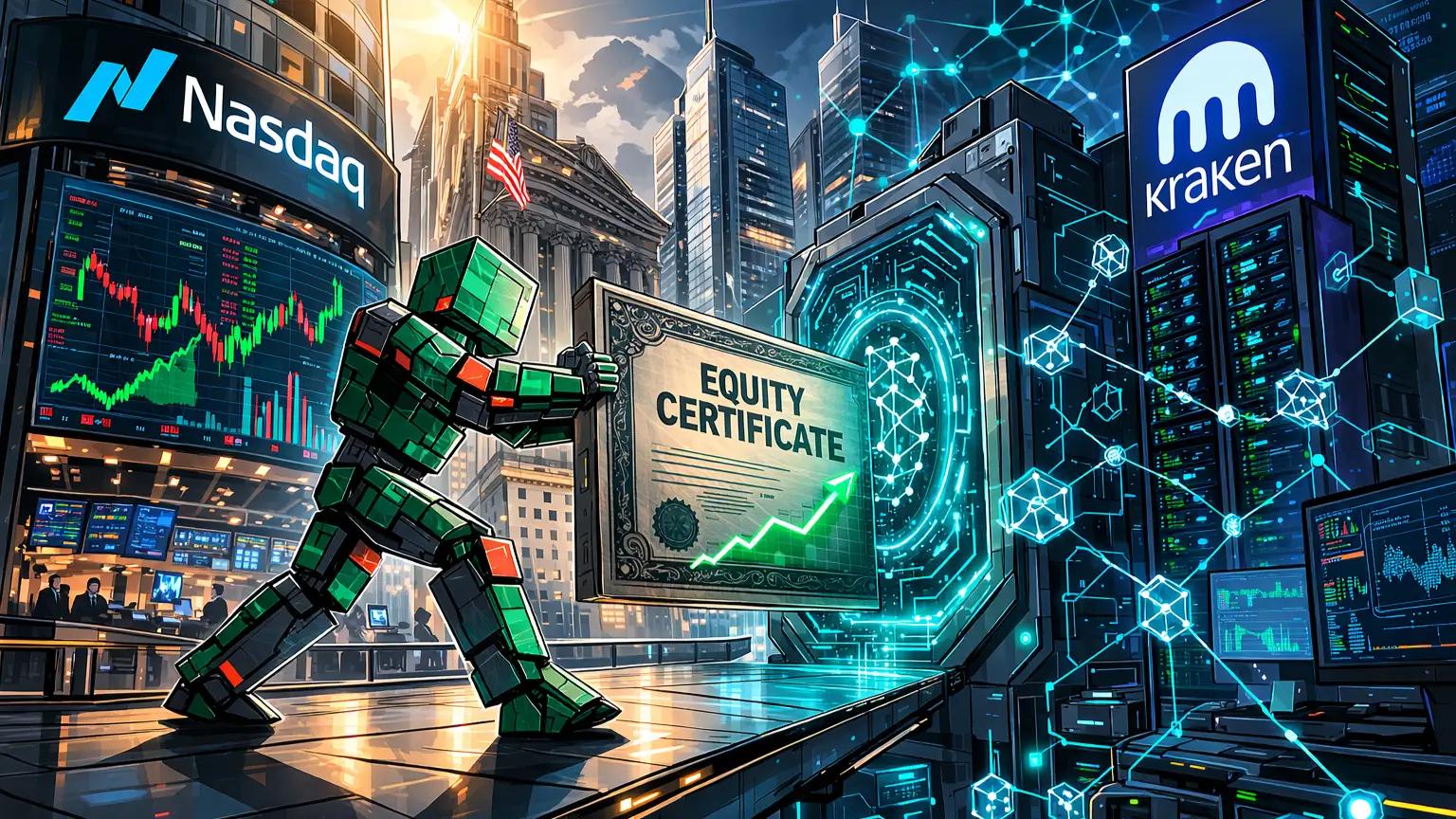 Robot transfers shares across gateway illustrating tokenized equities infrastructure partnership.