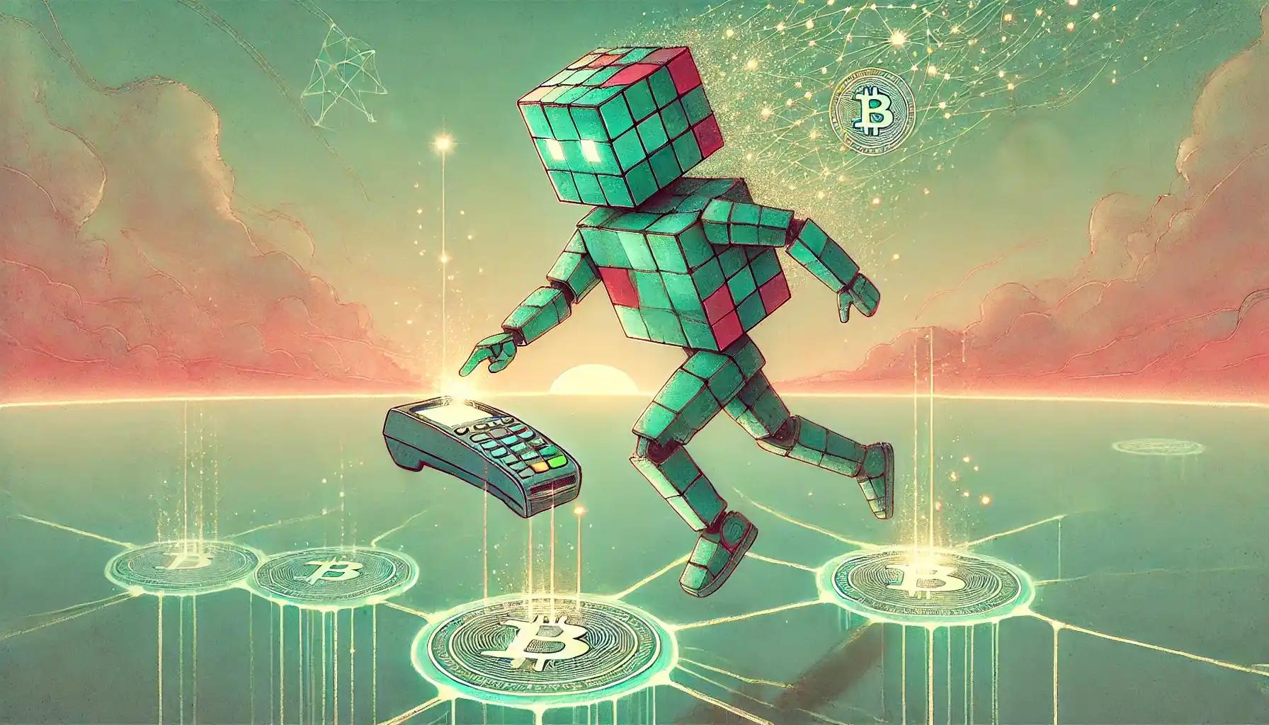 Robot triggers stablecoin transaction with glowing wallet tile bridge