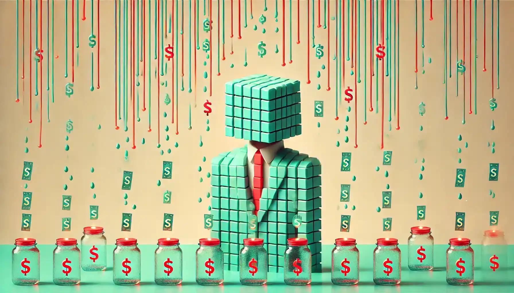 Robot under mint rain symbolizing bank deposits flowing to stablecoins