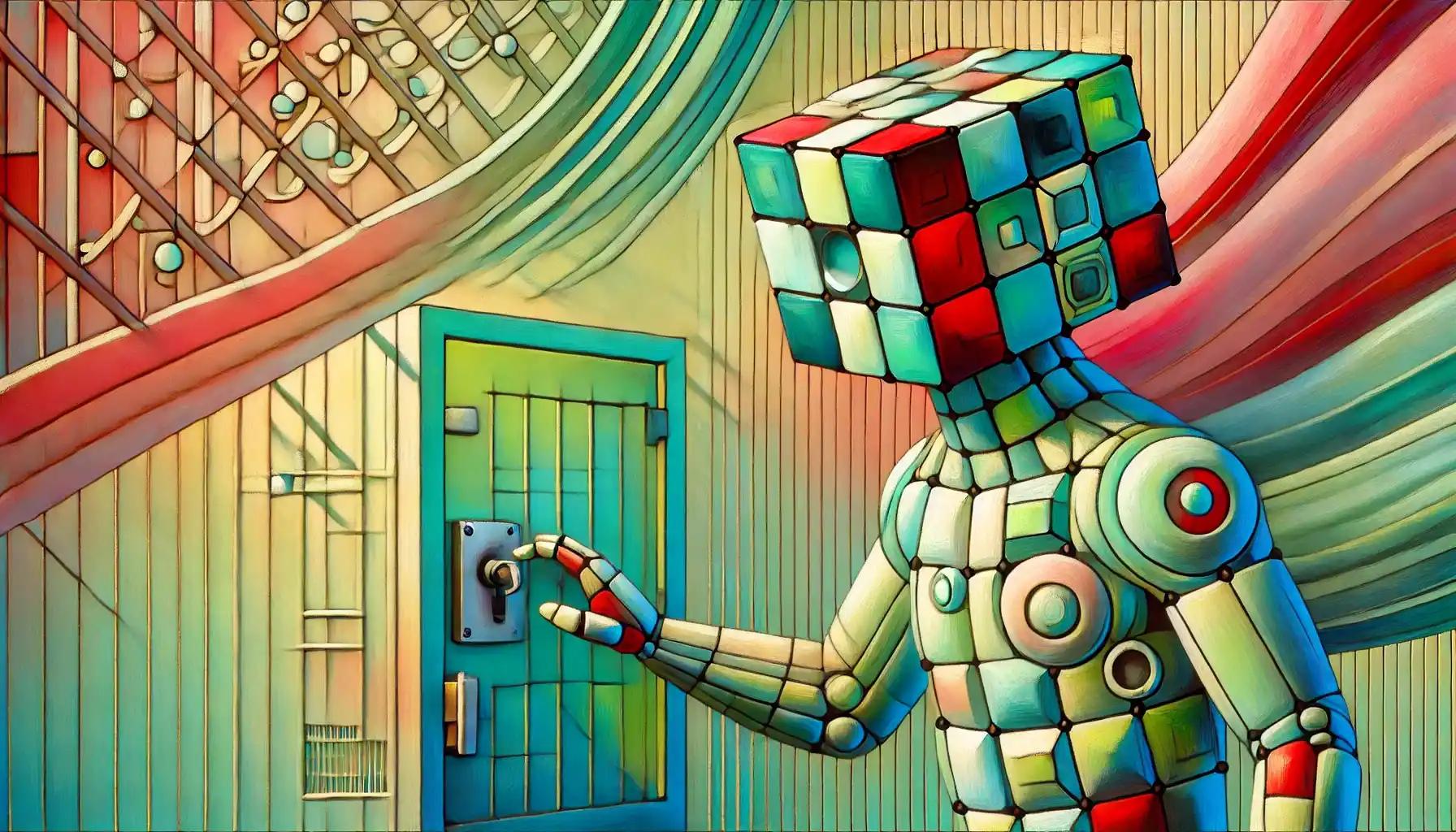 Robot unlocks a pastel-toned secure door