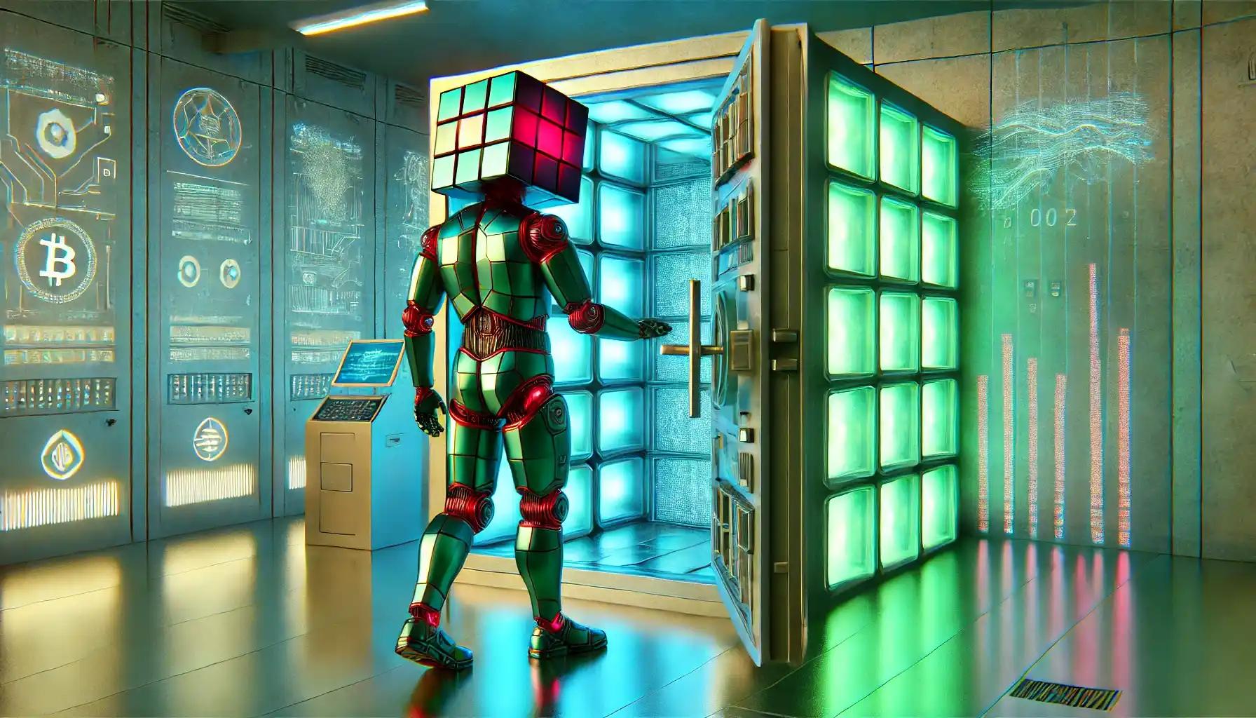 Robot unlocks glowing stablecoin pillars in a grand banking hall