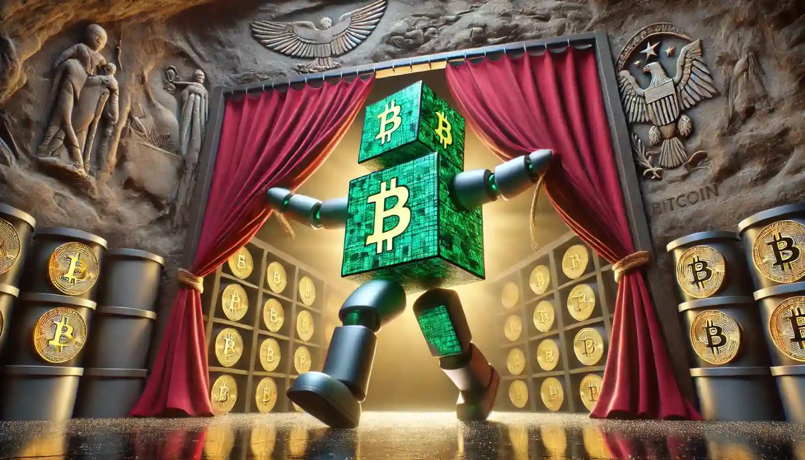 Robot unveils Bitcoin vault with glowing cold storage in motion