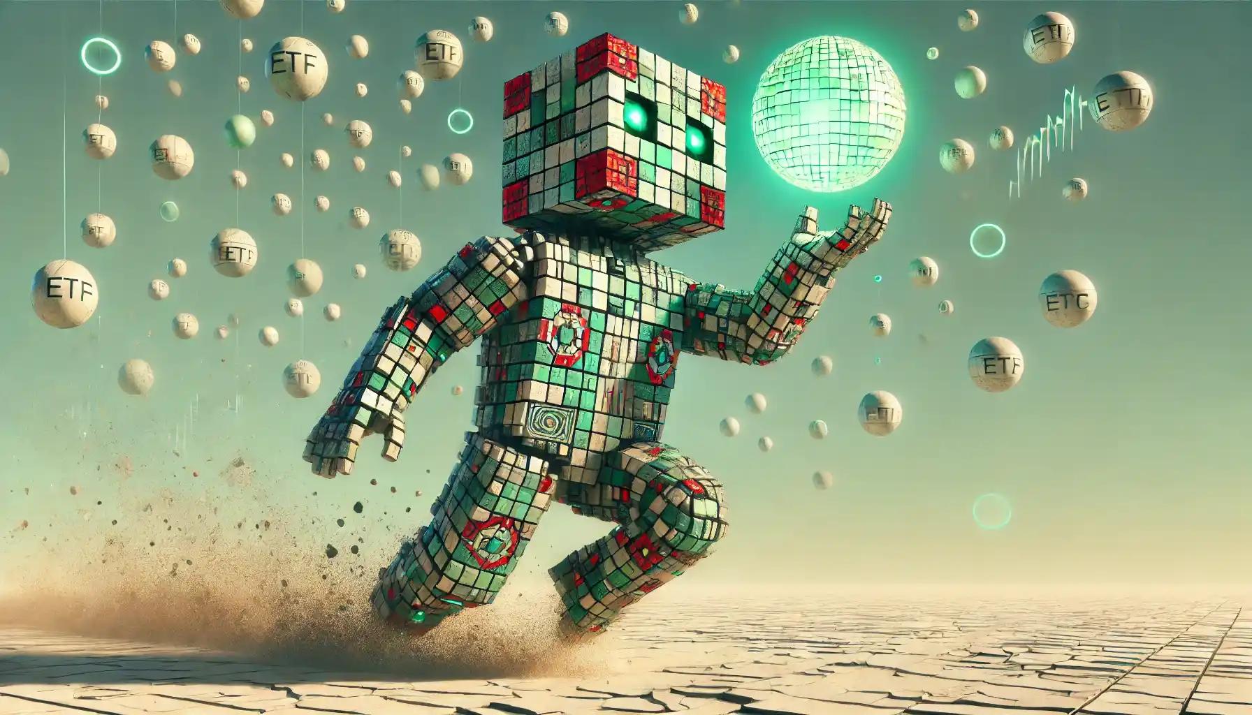 Robot vaulting with ETF orb as crypto price landscape shifts