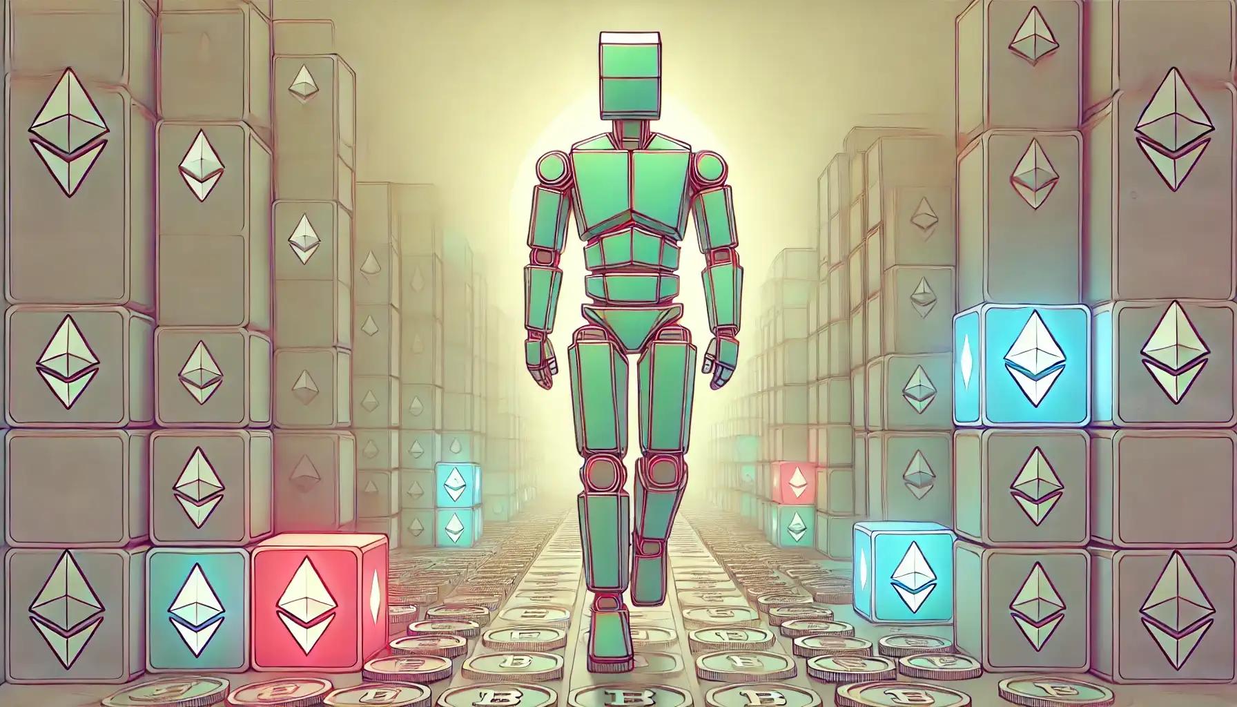 Robot walking on Ethereum tokens in pastel cyber forest