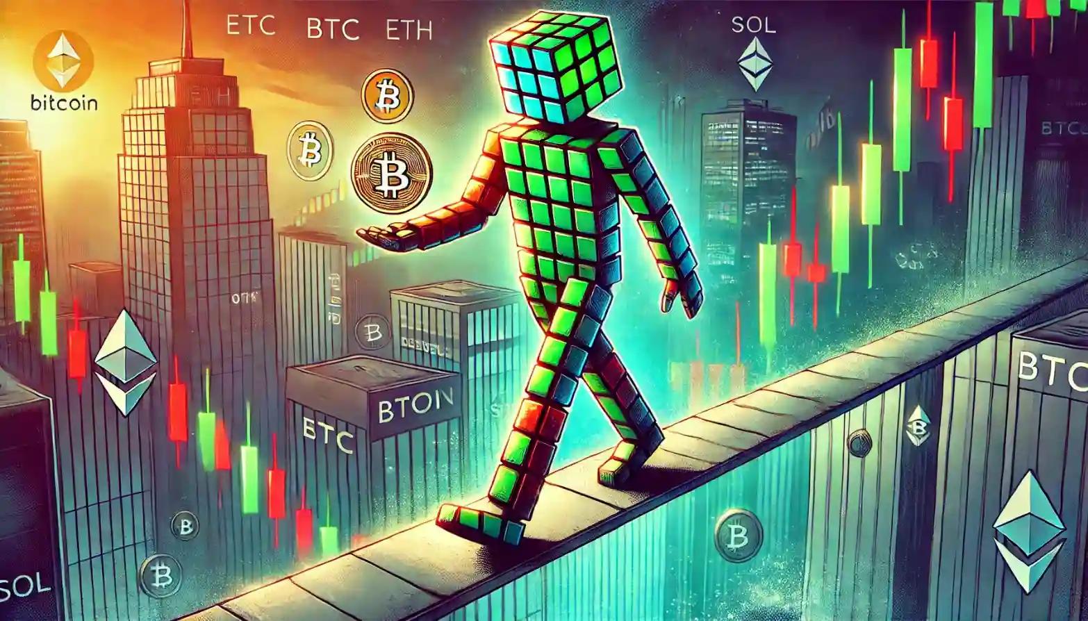 Robot walks across chart bridge balancing Bitcoin and debt in crypto market tension