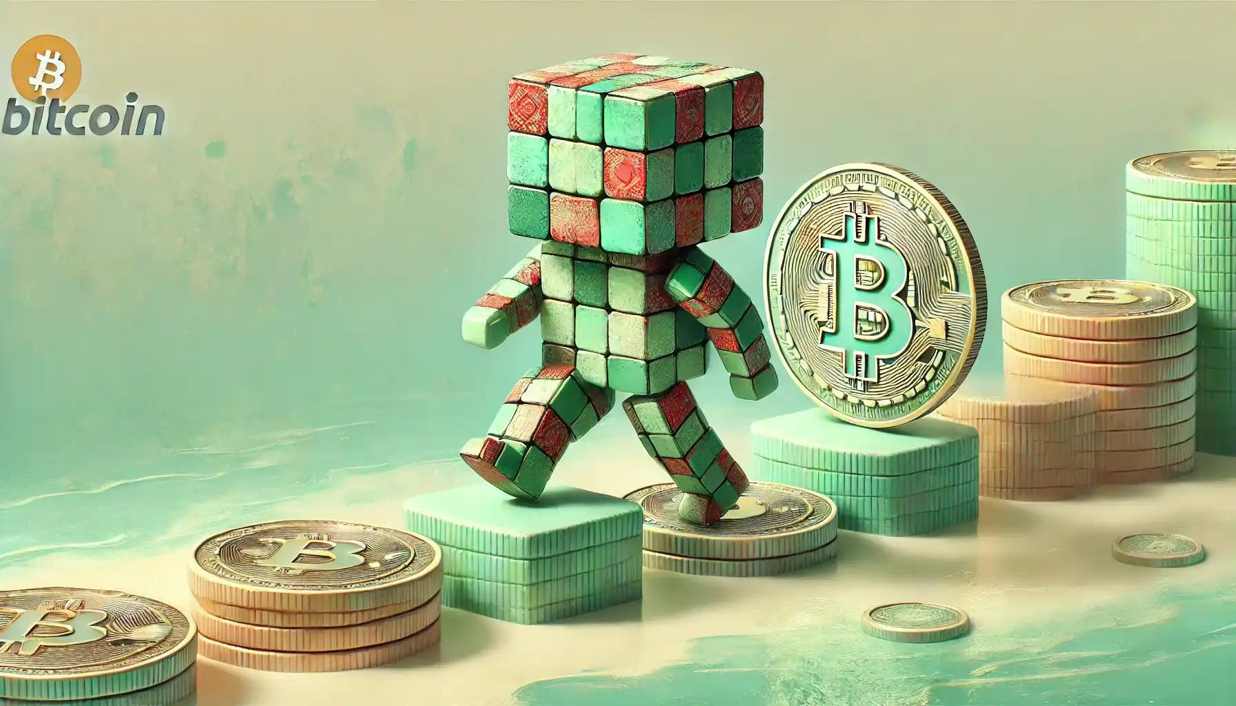 Robot walks across coin stacks reflecting shifting crypto price