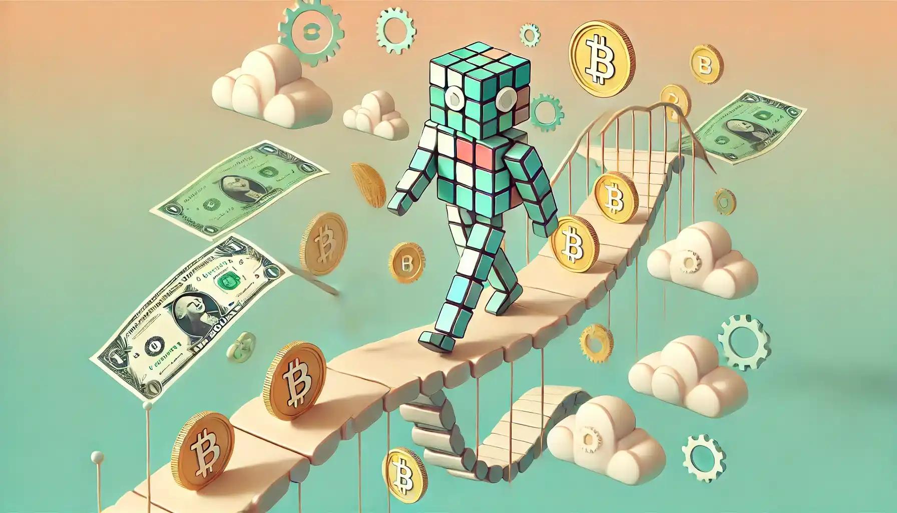 Robot walks on coin-bridge linking fiat and crypto