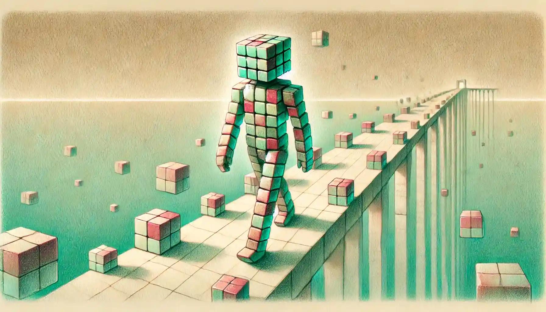 Robot walks pastel bridge of cubes, extending coin market cap