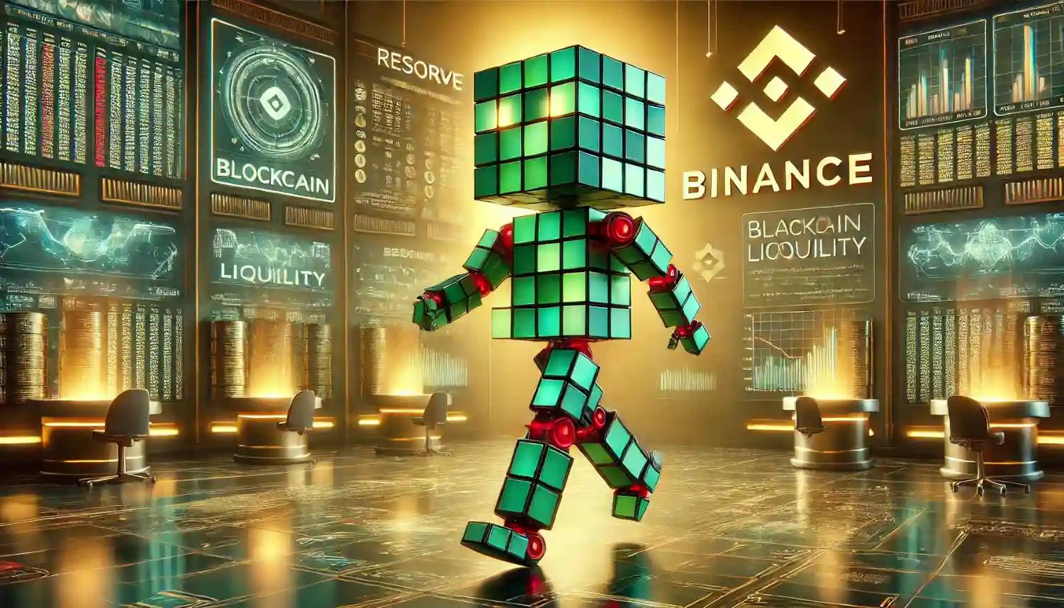 Robot walks through Binance data hub showing balanced crypto price index visuals