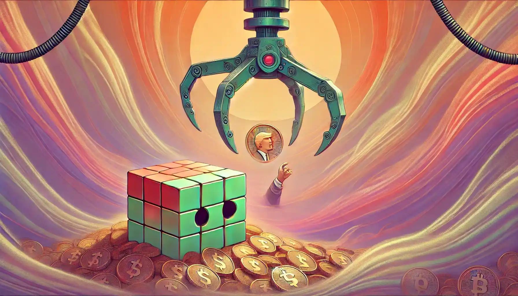 Robot watches a giant claw snatch TRUMP token from pile