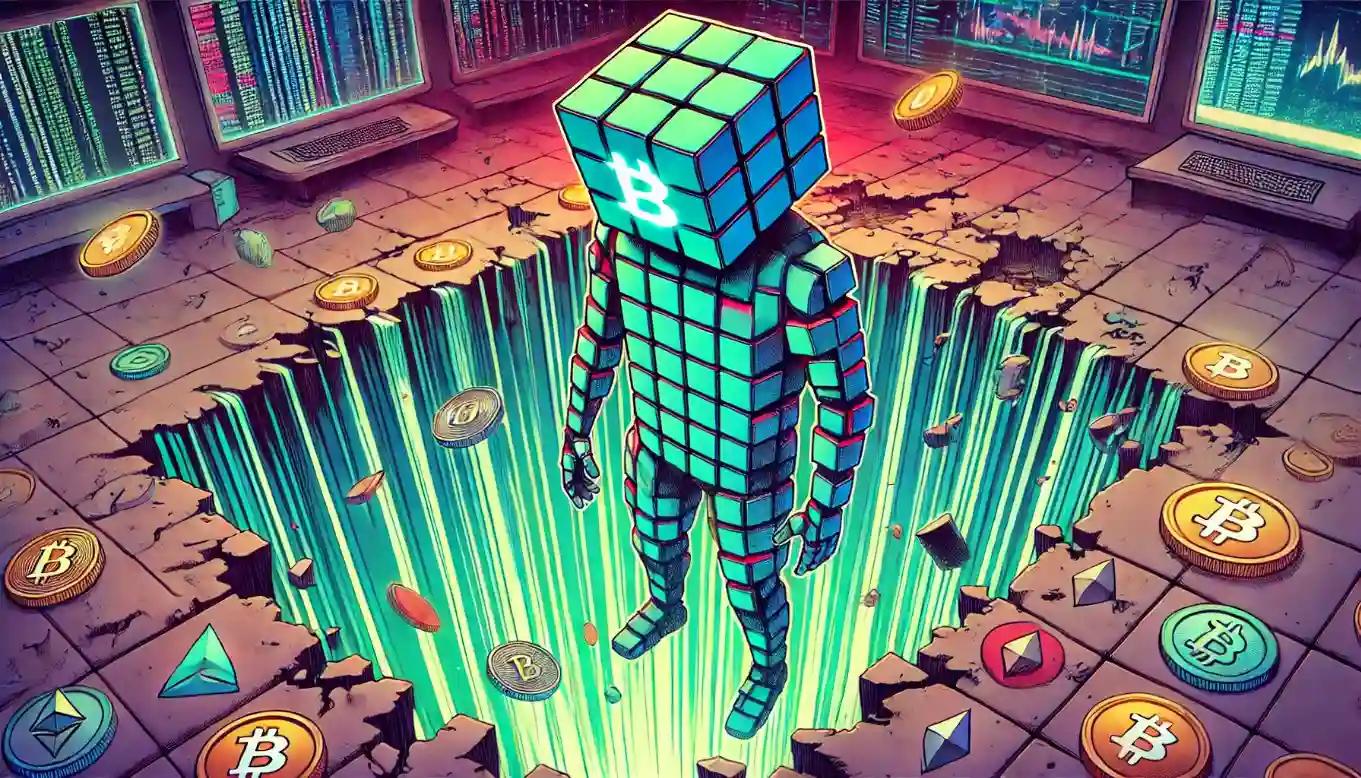 Robot watches in dismay as cryptocurrency liquidity is siphoned from a digital pool