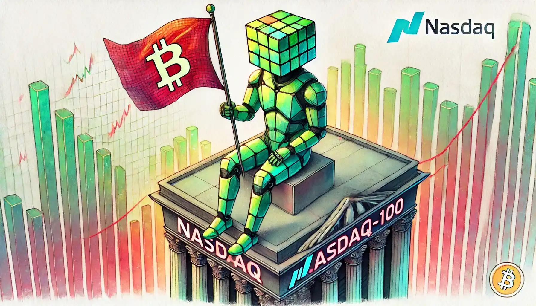 Robot waves Bitcoin flag on glowing Nasdaq-100 platform