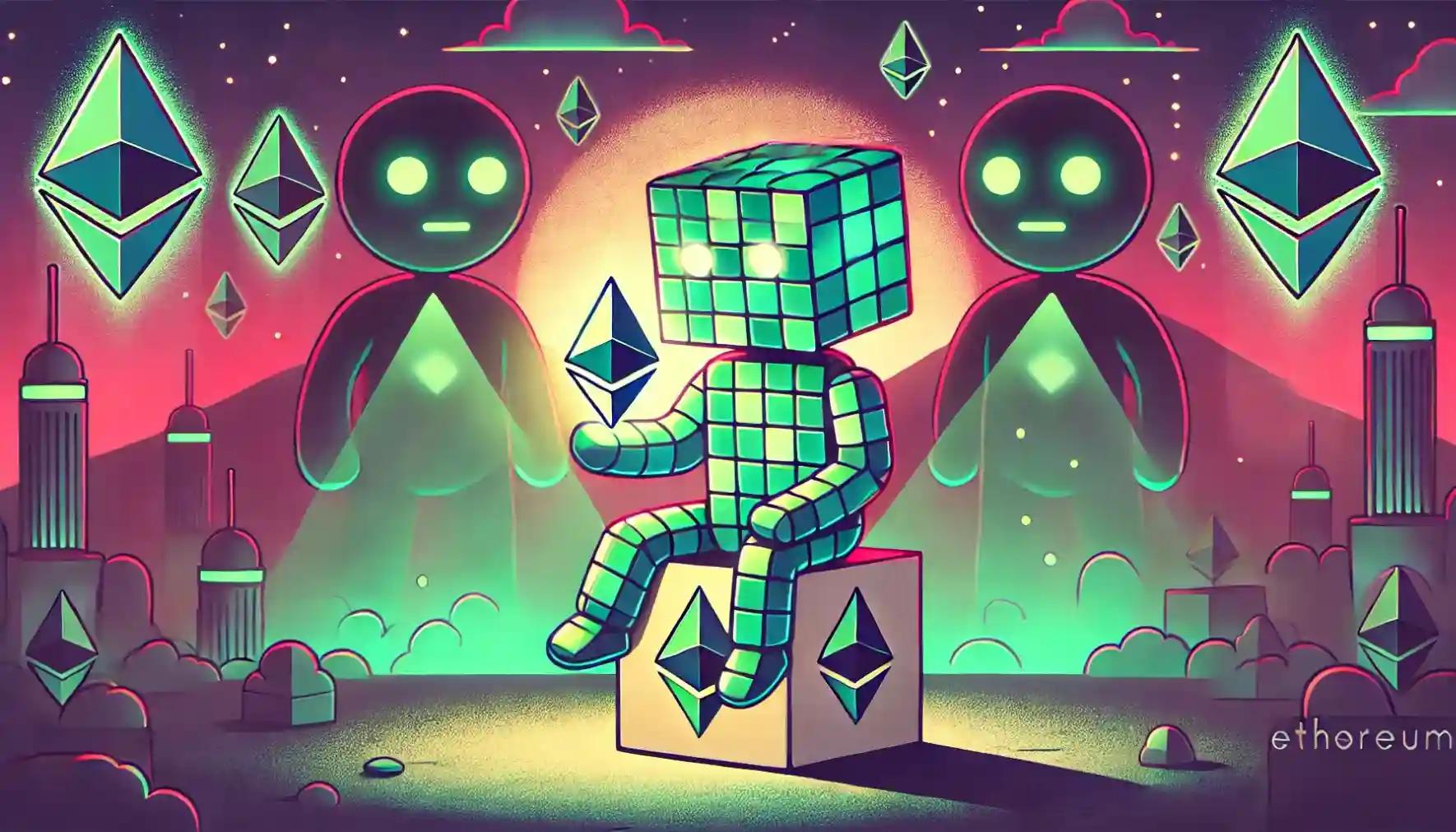 Robot with Ethereum symbol, surrounded by competing blockchain visuals.