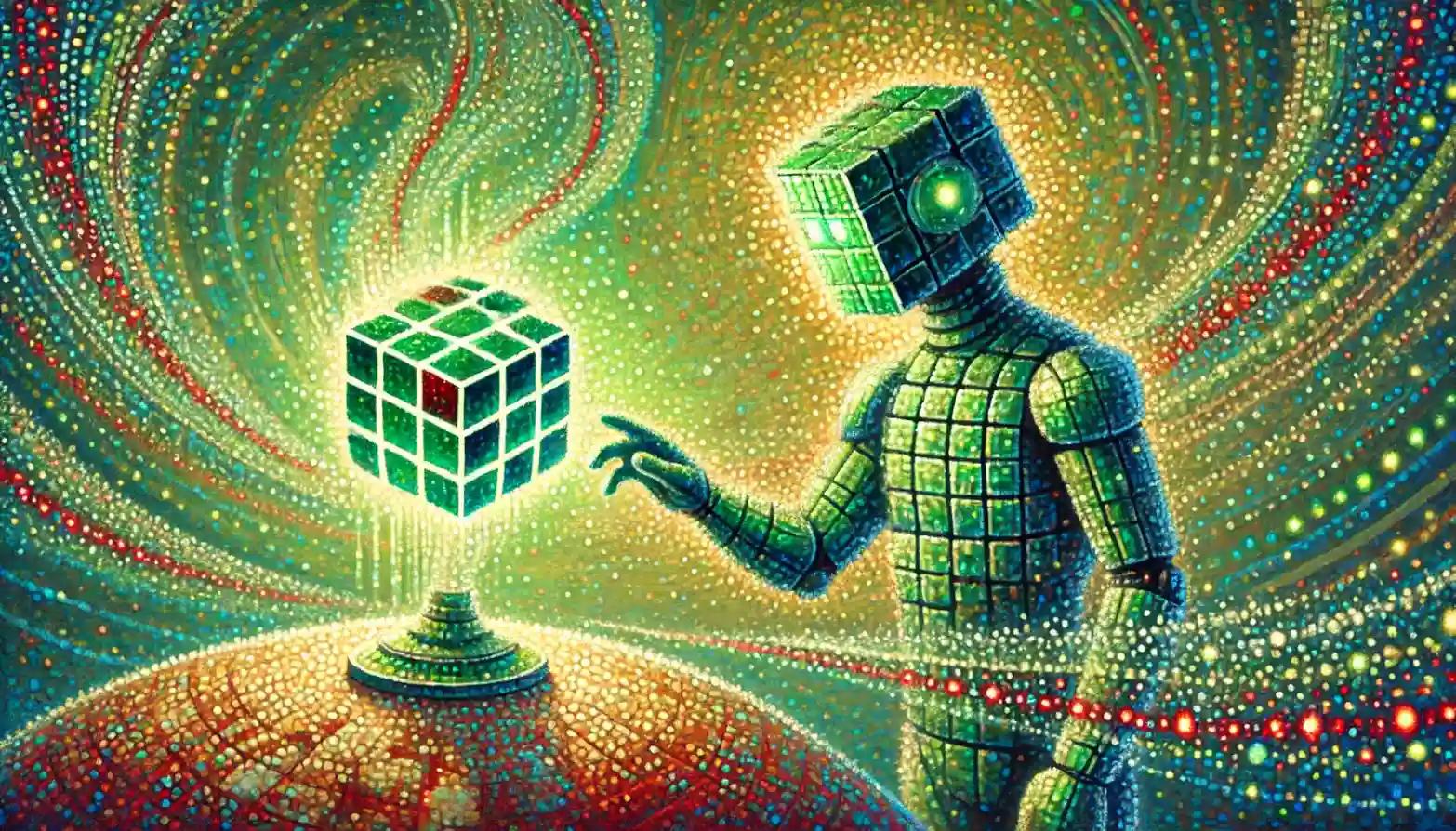 Robot with crypto-regulation globe amid swirling gradient