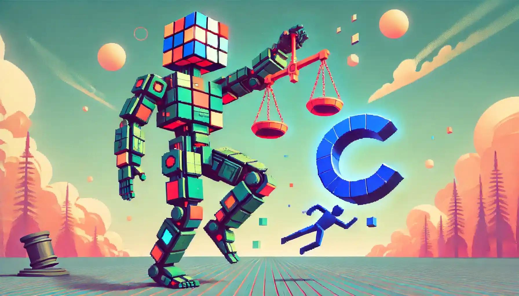 Robot with green mosaic and C character near legal scales