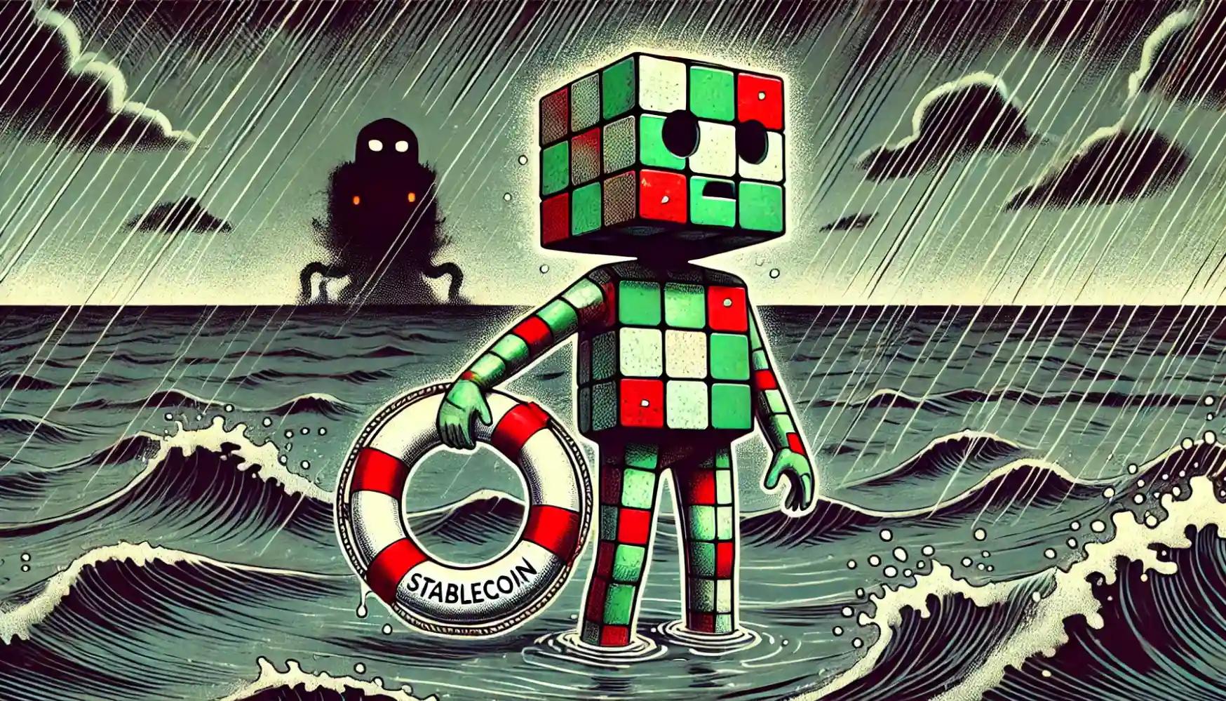 Robot with lifebuoy at stormy sea, facing risk