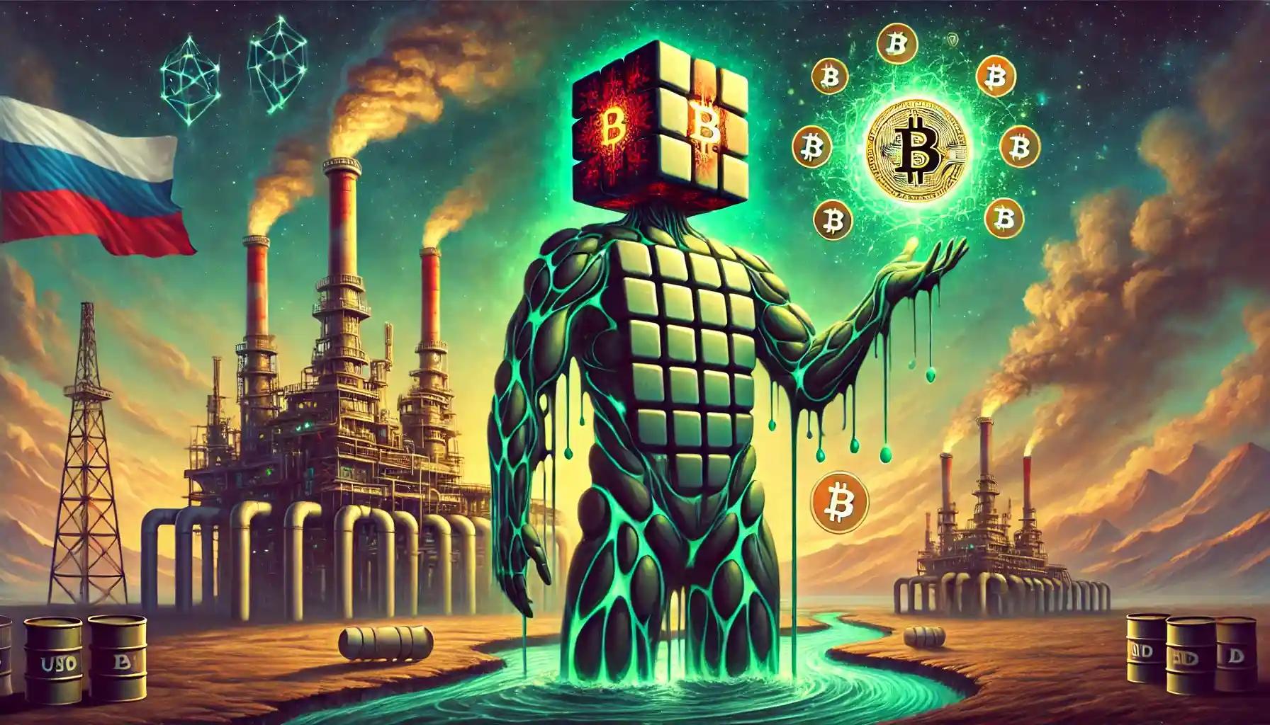 Russia oil trade robot holding glowing Bitcoin and USDT energy sphere