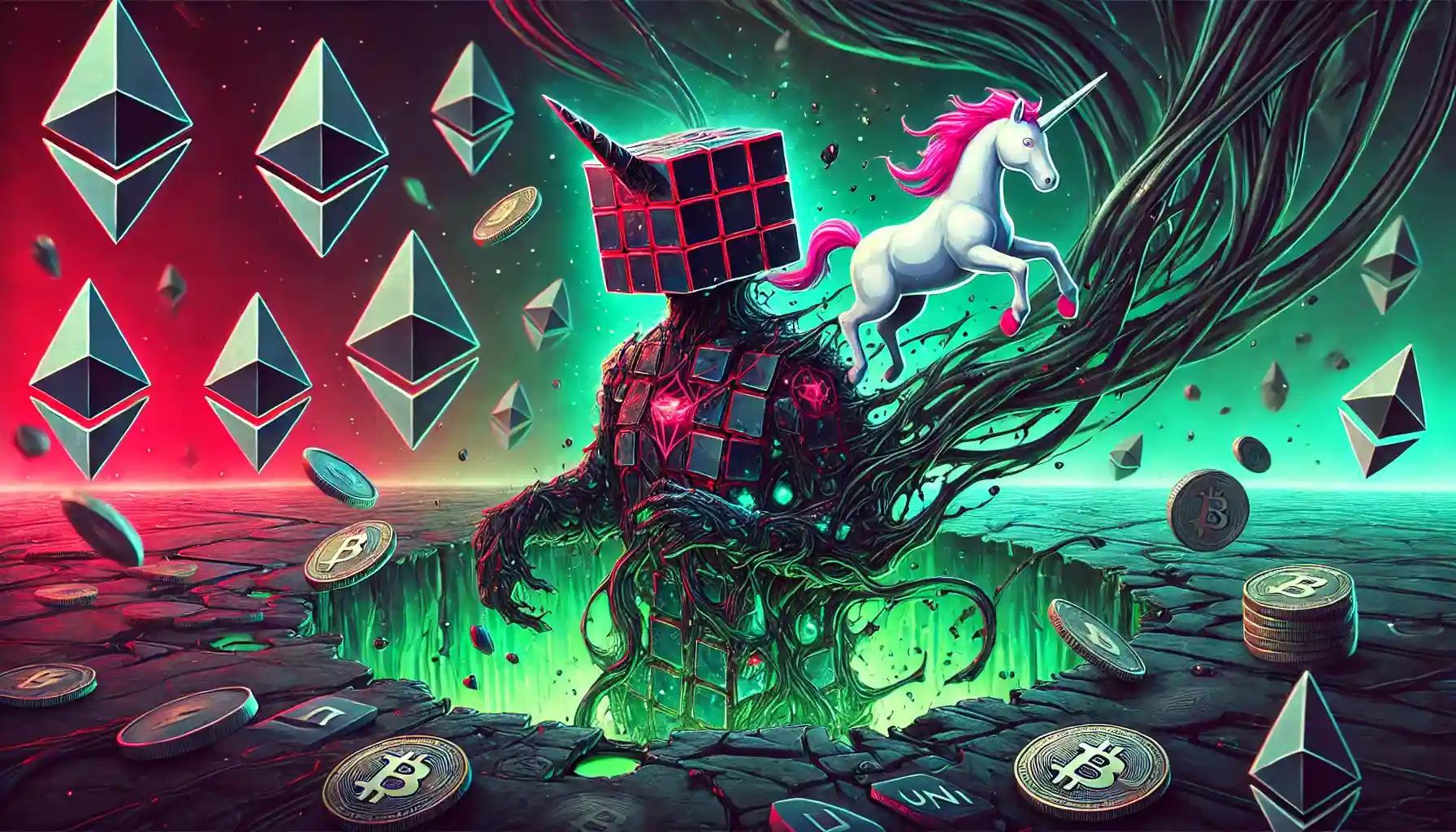 Sci-fi robot and neon unicorn in a vortex of fragmented liquidity