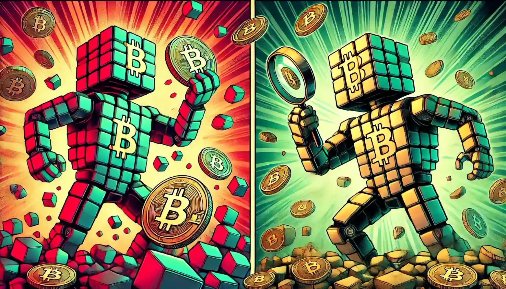 Sequential image showing robot shifting from aggressive Bitcoin shoveling to cautious single-coin analysis