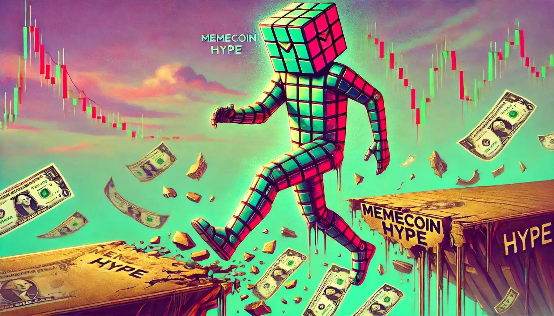 Speculation bridge collapsing under memecoin hype with robot stepping cautiously