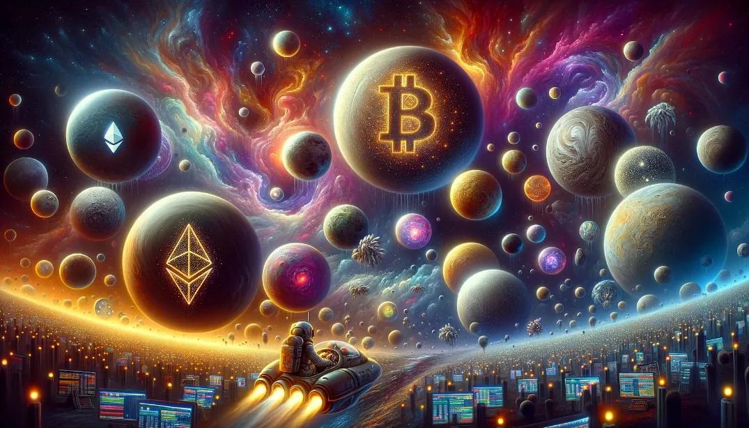 Surrealistic digital artwork of a cosmic landscape with fluctuating planets representing Cryptocurrency Price Movements