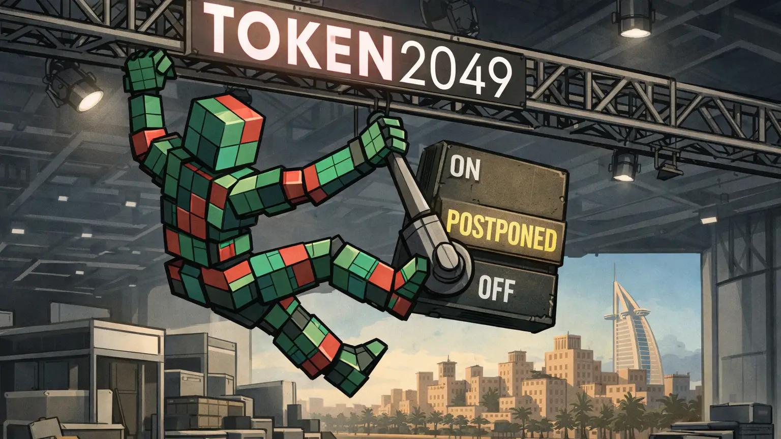 TOKEN2049 Dubai postponement scene inside dismantled crypto conference hall