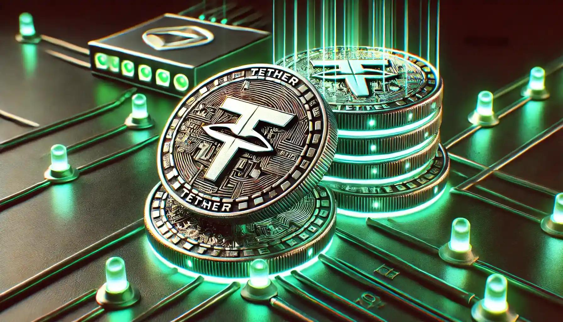 Tether (USDT) coins, green LED lighting, inscriptions, and device placement