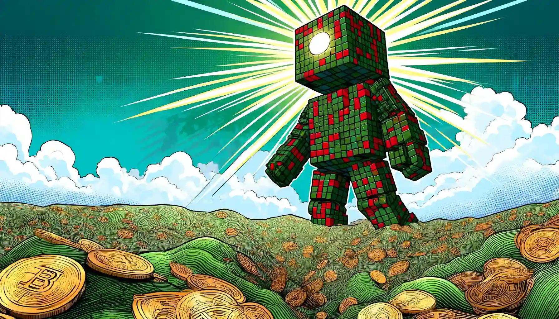 Titanic crypto robot radiating light, representing Kraken's funding milestone