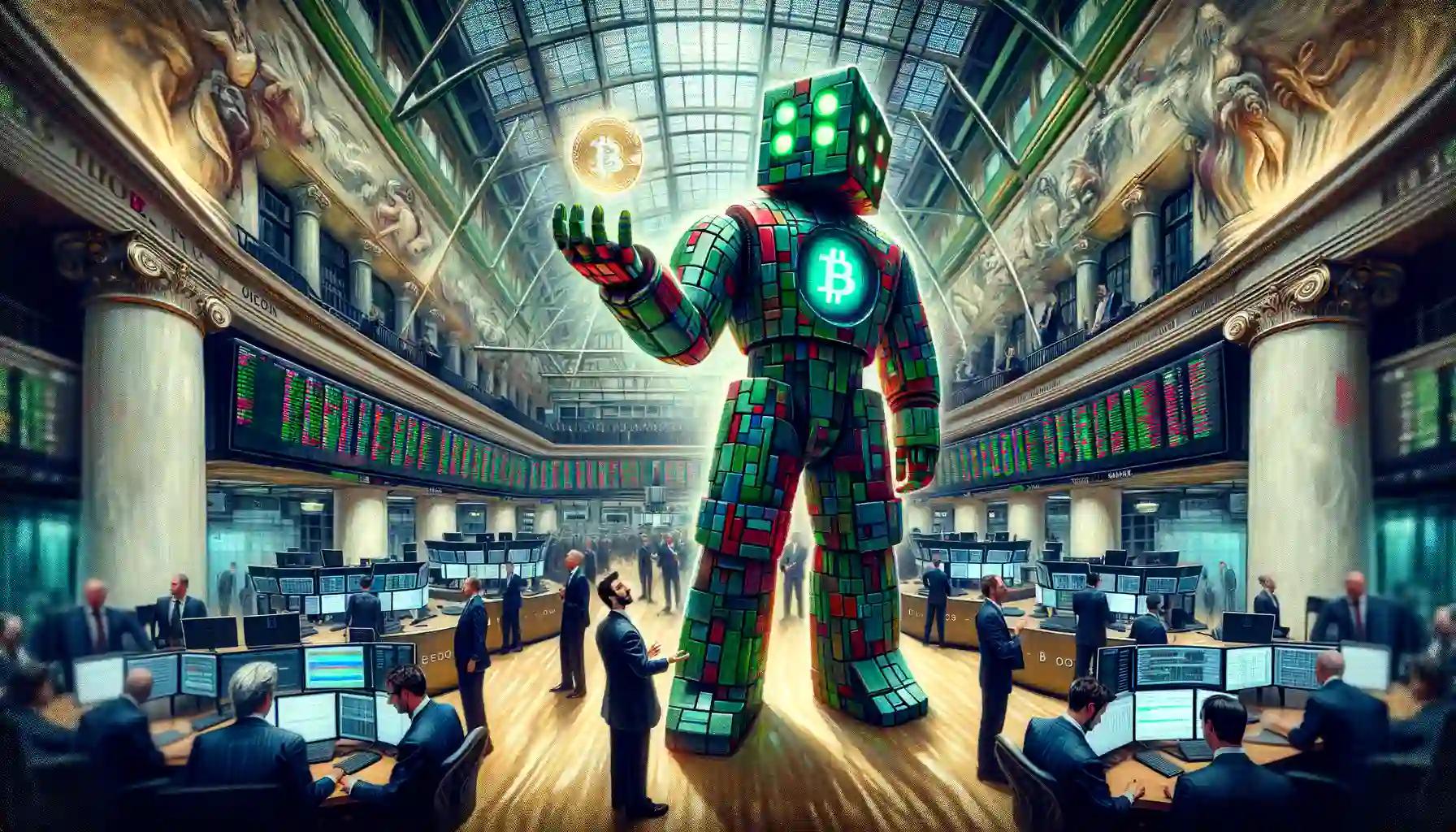 Trading floor scene with a robot holding a Bitcoin symbol