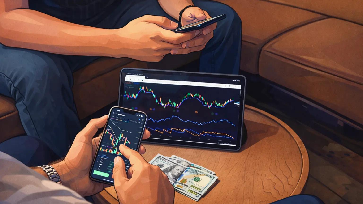 Two traders analyze crypto charts on phones and tablet