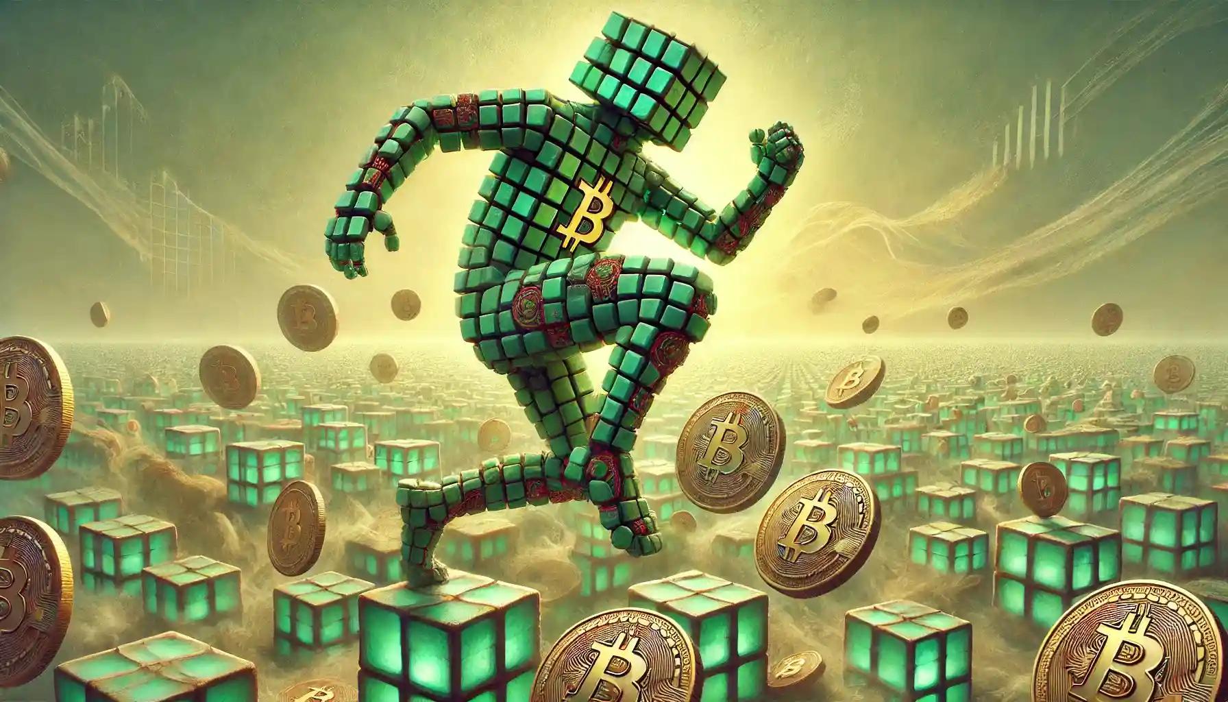 Vaulting robot leaps over BTC spheres in crypto price field