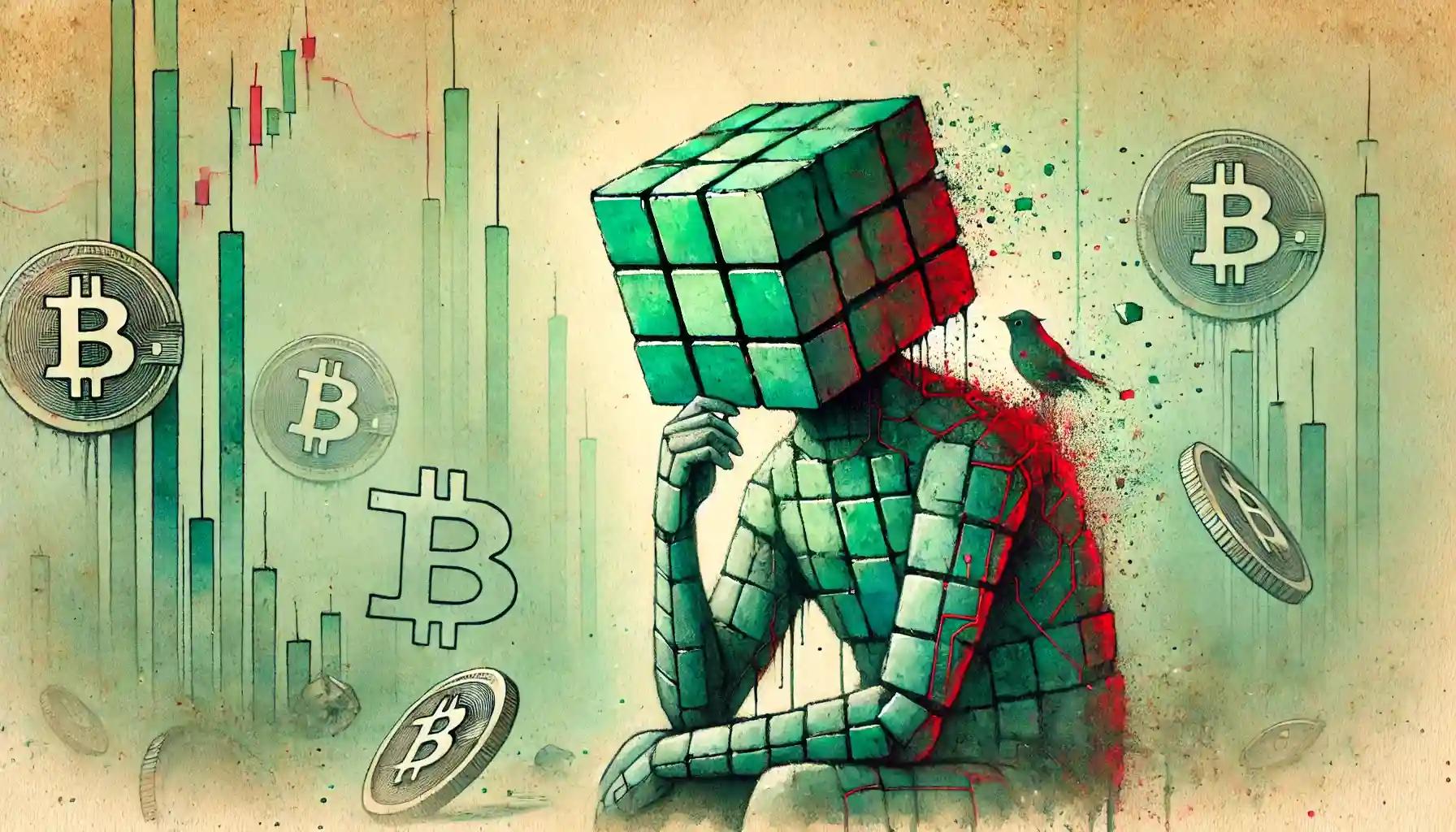 Watercolor robot in abandoned digital arena, reflecting on lost tokens