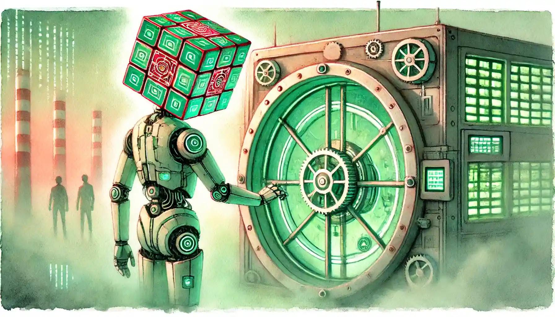 Watercolor robot securing a futuristic vault after crypto freeze