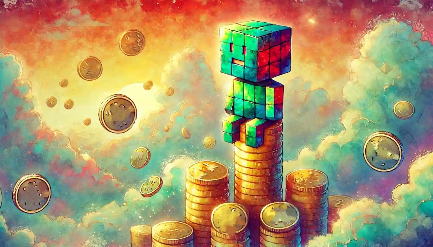 Watercolor robot sitting on gold coins under surreal crypto sky