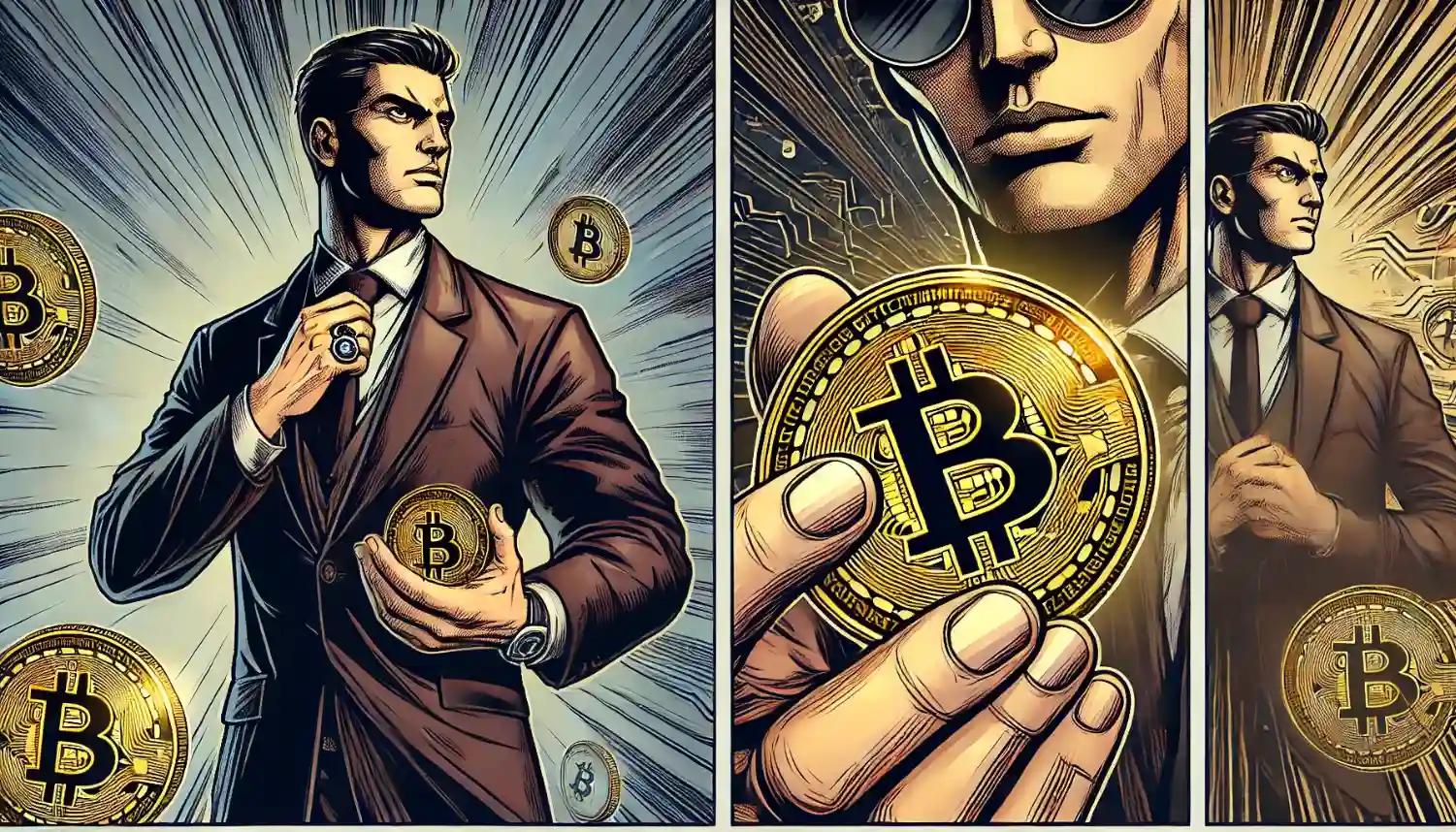 a man holding a Bitcoin coin in focus