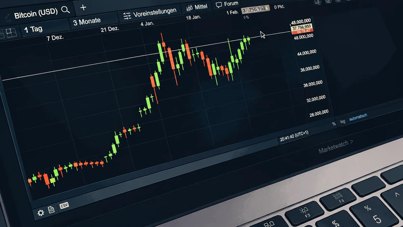 bullish Bitcoin candlestick chart displayed on sleek trading laptop
