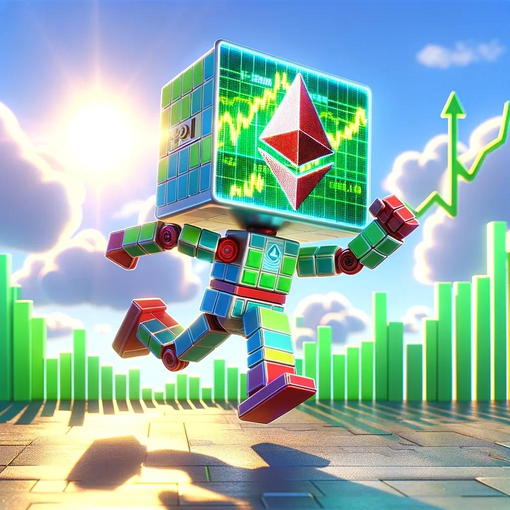 Chibi cubic robot showing Ethereum price rise on its screen