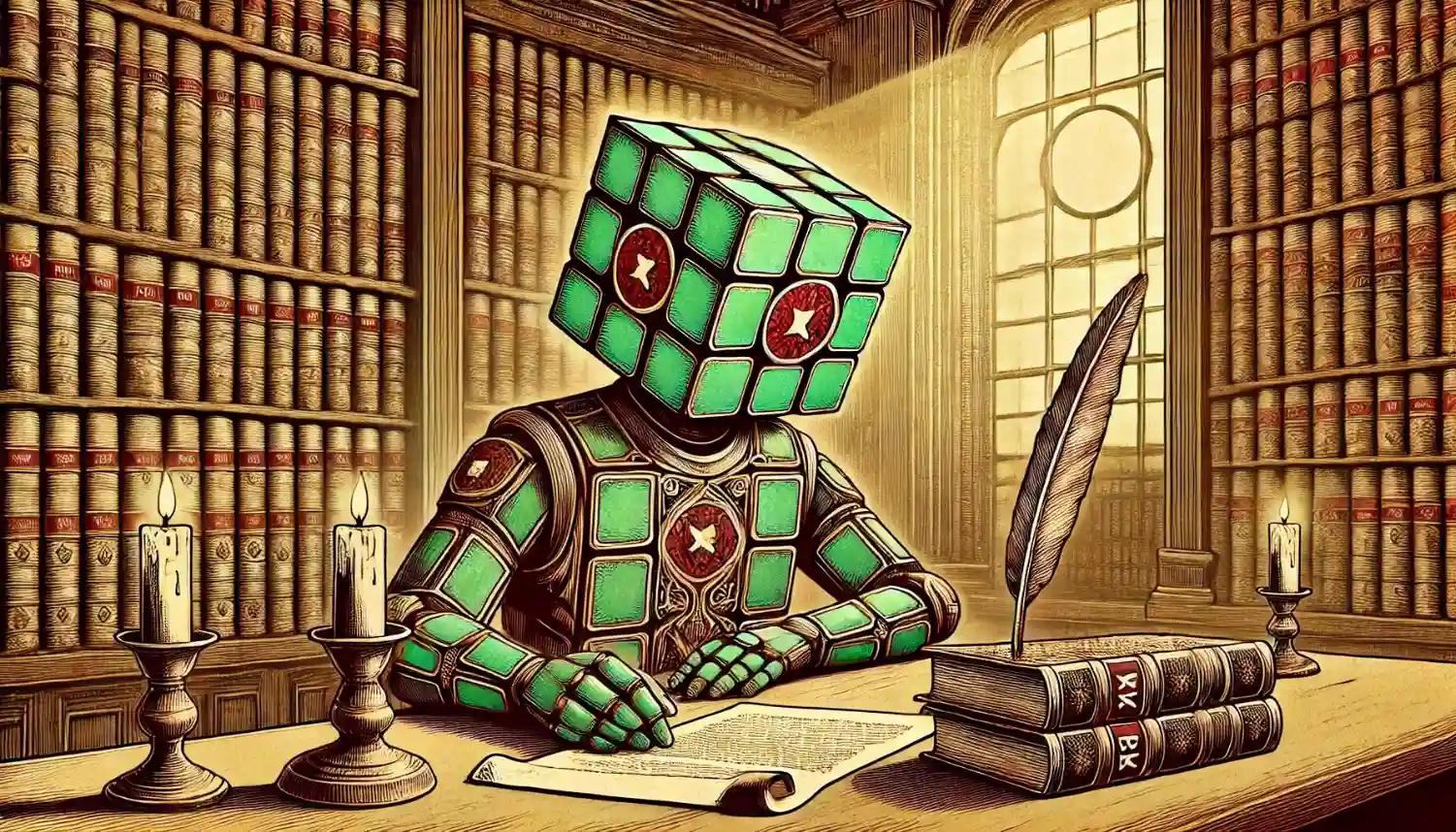 robot sitting in a grand courtroom filled with towering bookshelves containing ancient legal tomes